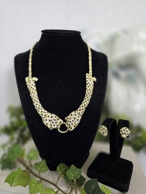 Statement Gold Panther Leopard Crystal Necklace & Earrings Articulated Set